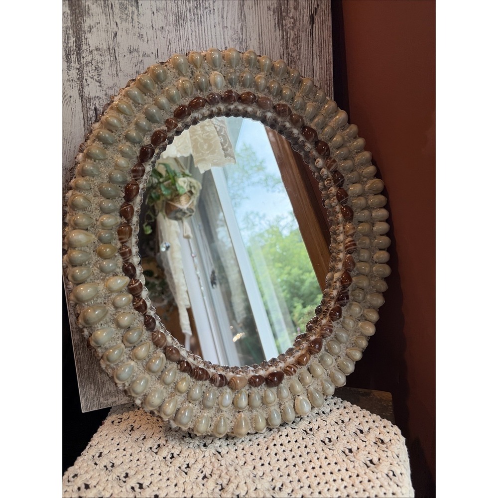 Vintage Handmade Ornate Oval Seashell Encrusted Mirror-Bohemian